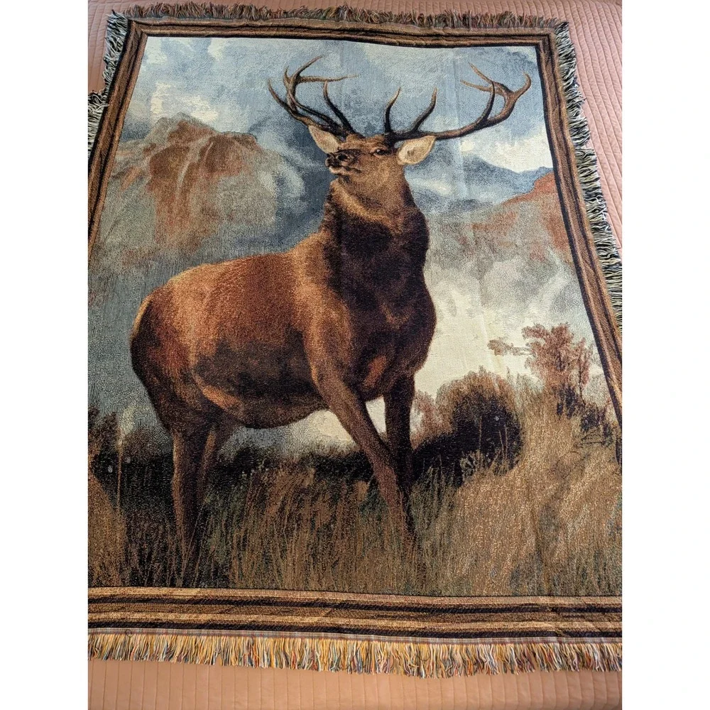 VTG Mountain Elk Tapestry Throw Blanket 51x68 Woven Cotton Fringed Made in USA